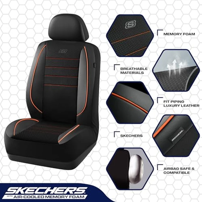 Skechers Air-Cooled Memory Foam Seat Covers,Mesh Thick Car Seat Covers,Piping Leather Car Seat Covers Front Seats,Airbag Compatible,Automotive Comfort Universal FitMost Cars,Vans,Truck,SUV,Orange by Skechers - Image 3