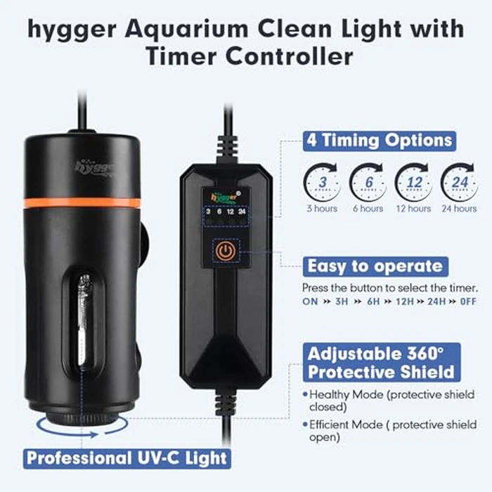 hygger Aquarium U-V Light with Timer, 360 degrees Protective Shield Clean Light for Green Water and Algae Clean, Mini Algae Control Lamp for Freshwater and Saltwater Tank (3W for 5-25 Gallon) by hygger - Image 2