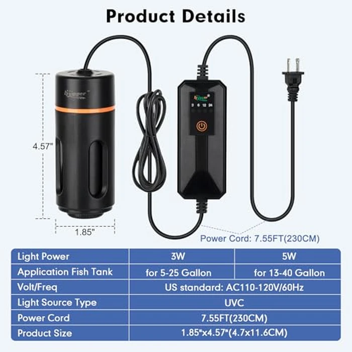 hygger Aquarium U-V Light with Timer, 360 degrees Protective Shield Clean Light for Green Water and Algae Clean, Mini Algae Control Lamp for Freshwater and Saltwater Tank (3W for 5-25 Gallon) by hygger - Image 7