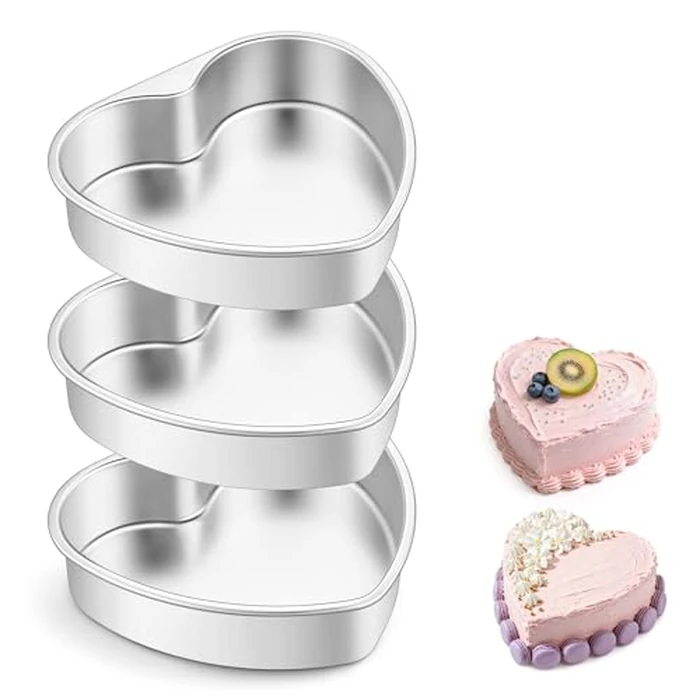 E-far 8 Inch Heart Cake Pan, 3Pcs Stainless Steel Heart Shaped Cake Mold, Cake Tin Baking Pan for Valentine's Day Anniversaries Wedding, Non-Toxic & Dishwasher Safe by E-far - Image 1