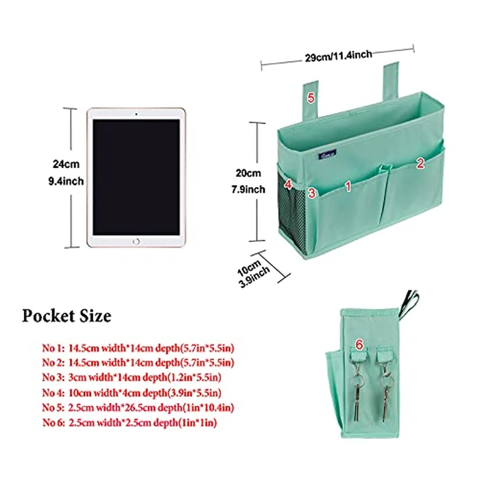 Surblue Bedside Caddy Hanging Bed Organizer Storage Bag Pocket for Bunk and Hospital Beds, College Dorm Rooms Baby Bed Rails,Camp 4 Pockets and 2 Hooks (Green) by Surblue - Image 6