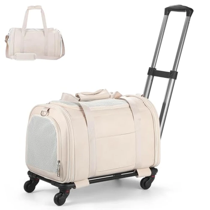 Lasaviin Leather Pet Carrier with Wheels, Airline Approved Travel Bag for Small Dogs & Cats Under 15 lbs, Rolling Pet Carrier for Airplane, Camping & Outdoor White by Lasaviin - Used - Very Good condition - CA$61.18