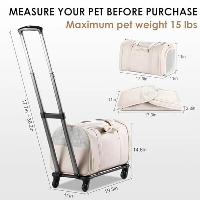 Lasaviin Leather Pet Carrier with Wheels, Airline Approved Travel Bag for Small Dogs & Cats Under 15 lbs, Rolling Pet Carrier for Airplane, Camping & Outdoor White by Lasaviin - Image 2