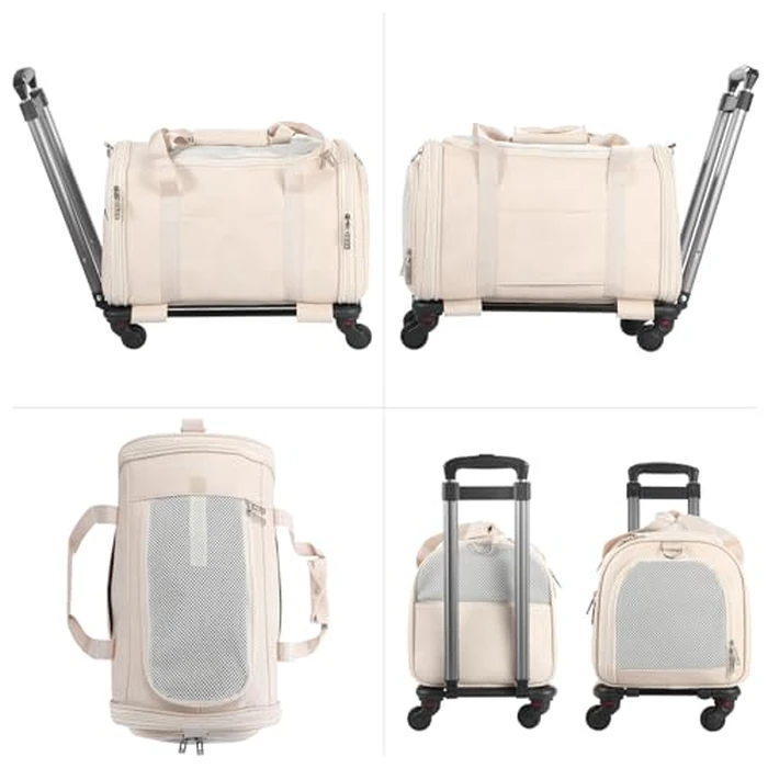 Lasaviin Leather Pet Carrier with Wheels, Airline Approved Travel Bag for Small Dogs & Cats Under 15 lbs, Rolling Pet Carrier for Airplane, Camping & Outdoor White by Lasaviin - Image 5