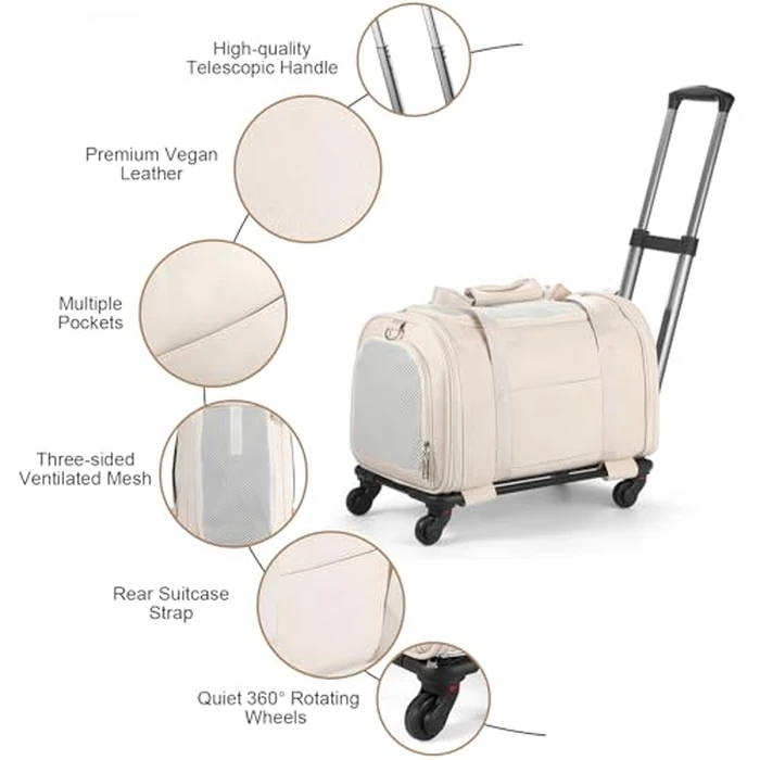 Lasaviin Leather Pet Carrier with Wheels, Airline Approved Travel Bag for Small Dogs & Cats Under 15 lbs, Rolling Pet Carrier for Airplane, Camping & Outdoor White by Lasaviin - Image 6