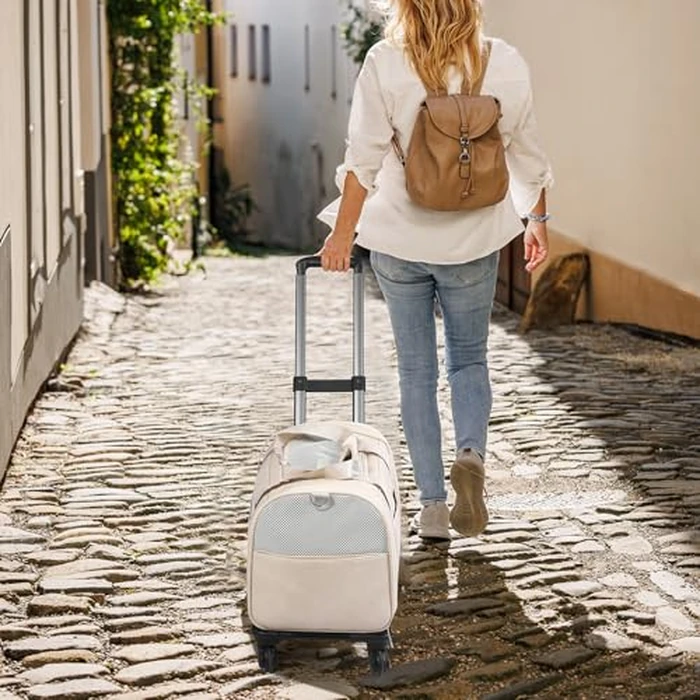 Lasaviin Leather Pet Carrier with Wheels, Airline Approved Travel Bag for Small Dogs & Cats Under 15 lbs, Rolling Pet Carrier for Airplane, Camping & Outdoor White by Lasaviin - Image 7