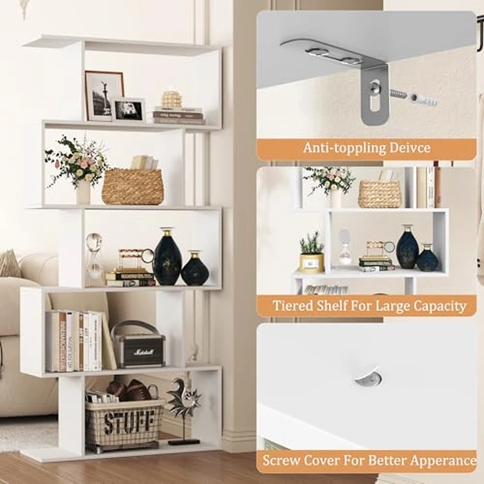 Yusong Bookshelf, Geometric Bookcase S Shaped Book Shelves Unit for Living Room, 5 Tier Decorative Display Shelf for Bedroom, Study Room, White by Yusong - Used - Very Good condition - CA$85.10