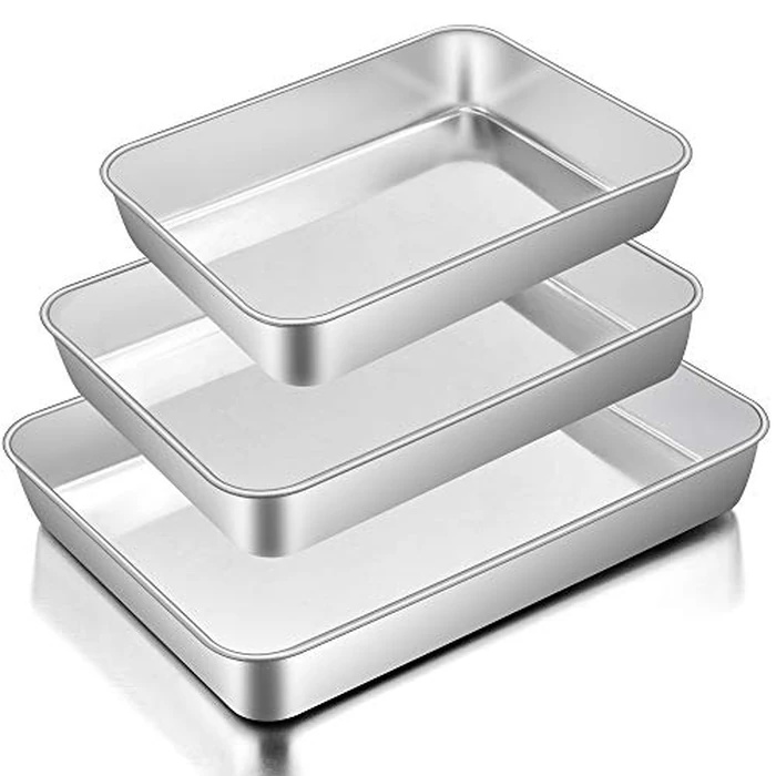 E-far Baking Pans Set of 3, Stainless Steel Sheet Cake Pan for Oven - 12.5/10.5/9.4Inch, Rectangle Bakeware Set for Cake Lasagna Brownie Casserole Cookie, Non-toxic & Healthy, Dishwasher Safe by E-far - Used - Good condition - US$25.49
