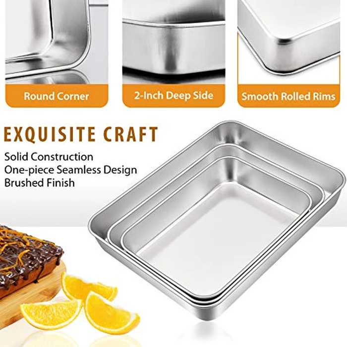 E-far Baking Pans Set of 3, Stainless Steel Sheet Cake Pan for Oven - 12.5/10.5/9.4Inch, Rectangle Bakeware Set for Cake Lasagna Brownie Casserole Cookie, Non-toxic & Healthy, Dishwasher Safe by E-far - Image 3
