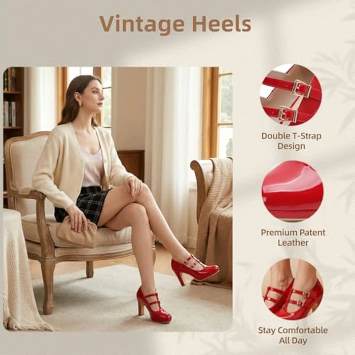 MACKIN J G574-1 Women's Mary Jane Vintage Heels Chunky Platform T-Strap Dress Pumps (9,Red) by MACKIN J - Image 5
