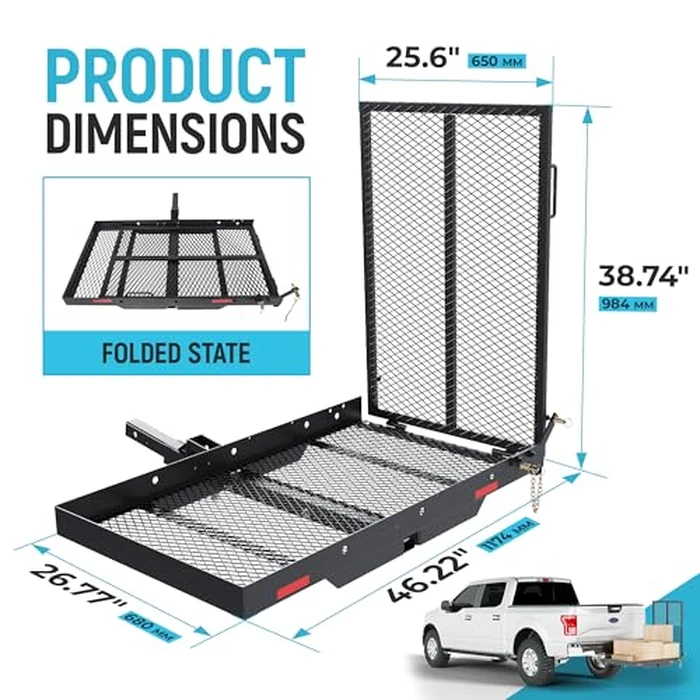 ECOTRIC 46.2 X 26.8 X 38.7 Inch Hitch Cargo Carrier W/Ramp Foldable 500 Lbs Trailer Hitch Mount Steel Wheelchair Carrier Mobility Scooter Ramp 2" Hitch Receiver for Snow Blower SUV Truck Van Car by ECOTRIC - Image 3