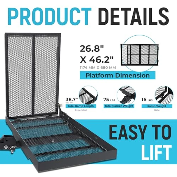 ECOTRIC 46.2 X 26.8 X 38.7 Inch Hitch Cargo Carrier W/Ramp Foldable 500 Lbs Trailer Hitch Mount Steel Wheelchair Carrier Mobility Scooter Ramp 2" Hitch Receiver for Snow Blower SUV Truck Van Car by ECOTRIC - Image 5