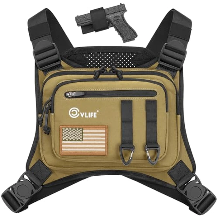 CVLIFE Chest Bag Chest Vest with Pistol Holster Running Chest Pack Adjustable Chest Rig Vest Bag for Outdoor Khaki by CVLIFE - Used - Very Good condition - US$16.32