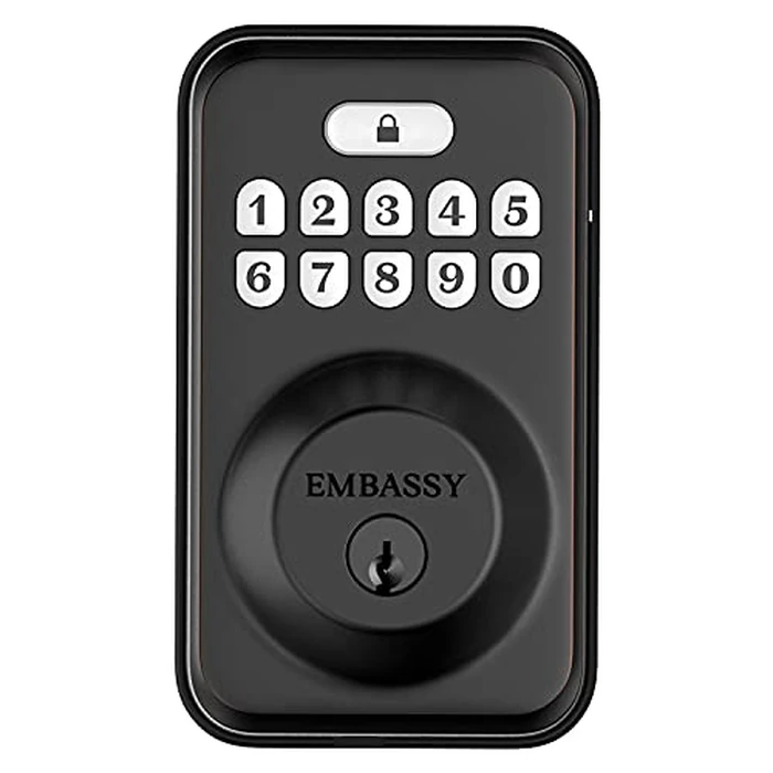 Embassy Keyless Entry Electronic Door Lock with Illuminated Antimicrobial Keypad and Security Deadbolt Lock, Store 20 Custom User Codes, Auto- and One-Button Locking, Front, Entryway, Garage or Office by EMBASSY - Used - Like New condition - CA$36.22
