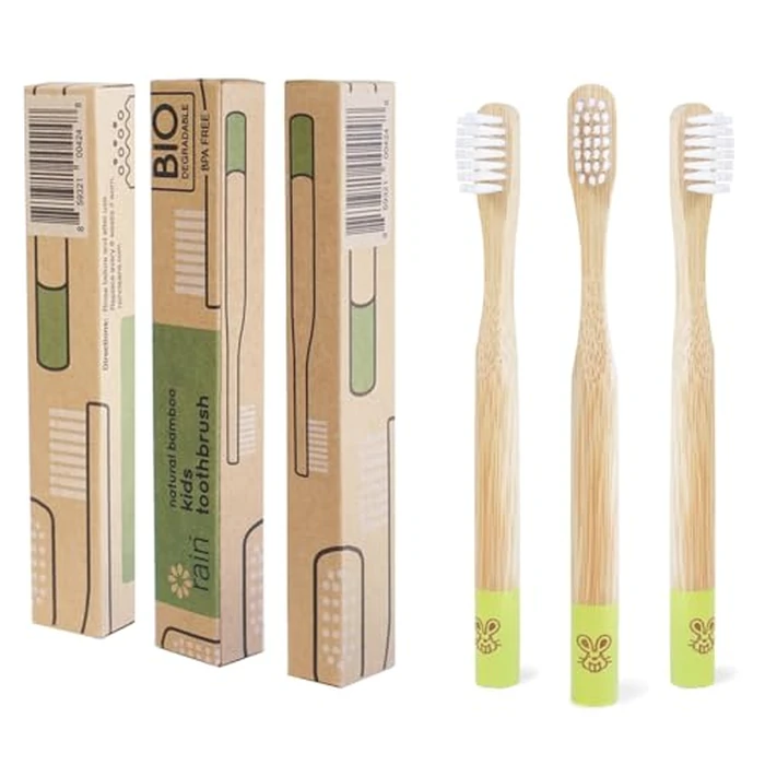 Rain Organic Bamboo Baby Kids Toothbrush - 100% Safe Infant Toddler Toothbrush 6 to 12 Months and Up, Natural BPA-Free Biodegradable Wood Extra Soft Bristles Children's Dental Care (3 Pack) by Rain - Used - Like New condition