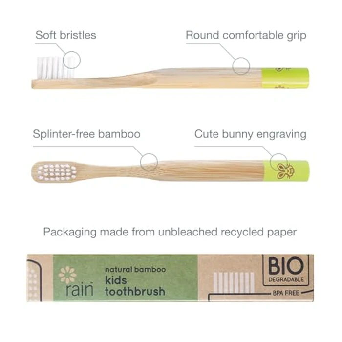 Rain Organic Bamboo Baby Kids Toothbrush - 100% Safe Infant Toddler Toothbrush 6 to 12 Months and Up, Natural BPA-Free Biodegradable Wood Extra Soft Bristles Children's Dental Care (3 Pack) by Rain - Image 2