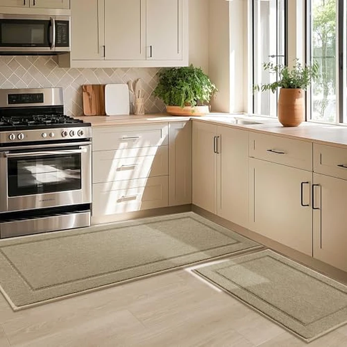 JSEI Non-Slip Kitchen Mats, Self Adhesive No Sliding Kitchen Rugs Set of 2, Washable Absorbent Floor Mat for Kitchen, Bathroom, Laundry Room, Bedroom, 24"x36"+24"x60" Beige, Rectangular Pattern by JSEI - Used - Like New condition - CA$37.61