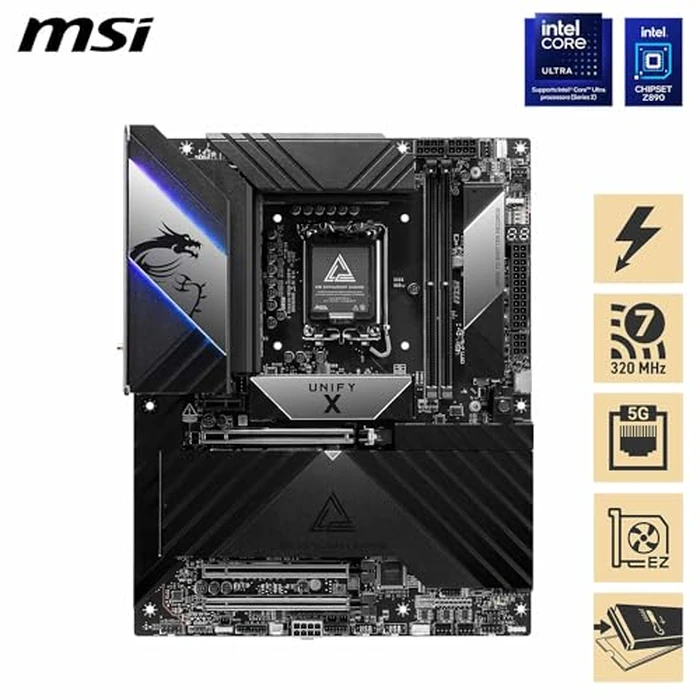 MSI MEG Z890 Unify-X Motherboard, ATX - Supports Intel Core Ultra Processors (Series 2), LGA 1851-110A SPS, DDR5 Memory (9600+ MT/s OC), PCIe 5.0 & 4.0 x16, M.2 Gen5, Thunderbolt 4, Wi-Fi 7, 5G LAN by MSI - Image 2