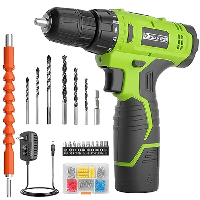 FADAKWALT Cordless Drill Set,12V Power Drill Set with Battery and Charger, Electric Driver/Drill Bits, 3/8'' Keyless Chuck,21+1 Torque Setting, 180 inch-lbs, with LED Electric Drill Set (Green) by FADAKWALT - Used - Like New condition - US$20.01