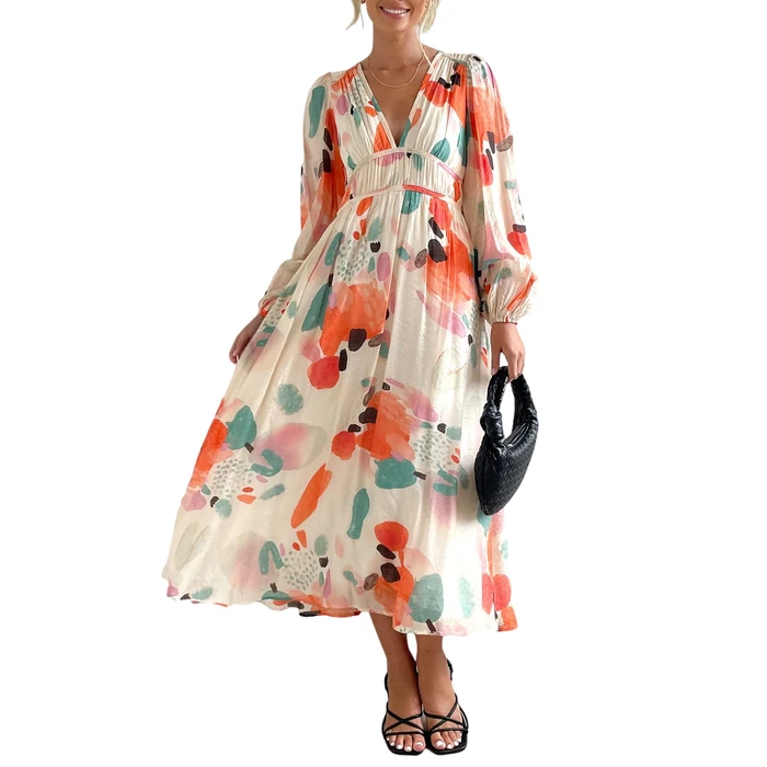 Maxigerui Women's Long Sleeve Floral Maxi Dress 2026 Spring Summer Wedding Guest Dress Red Watercolor L by Maxigerui - Image 1