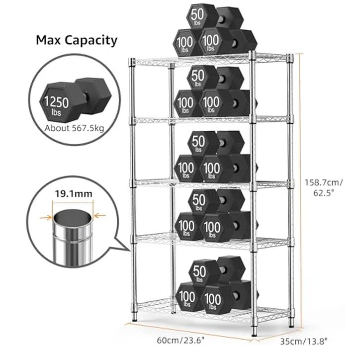 MZG 1250 lbs Steel Heavy Duty 5-Tier Utility Shelving Unit Steel Organizer Wire Rack for Home,Kitchen,Office,Chrome 35 D x 60 W x 158.7 H (cm) by M MZG - Image 2
