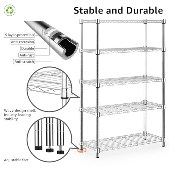 MZG 1250 lbs Steel Heavy Duty 5-Tier Utility Shelving Unit Steel Organizer Wire Rack for Home,Kitchen,Office,Chrome 35 D x 60 W x 158.7 H (cm) by M MZG - Image 3