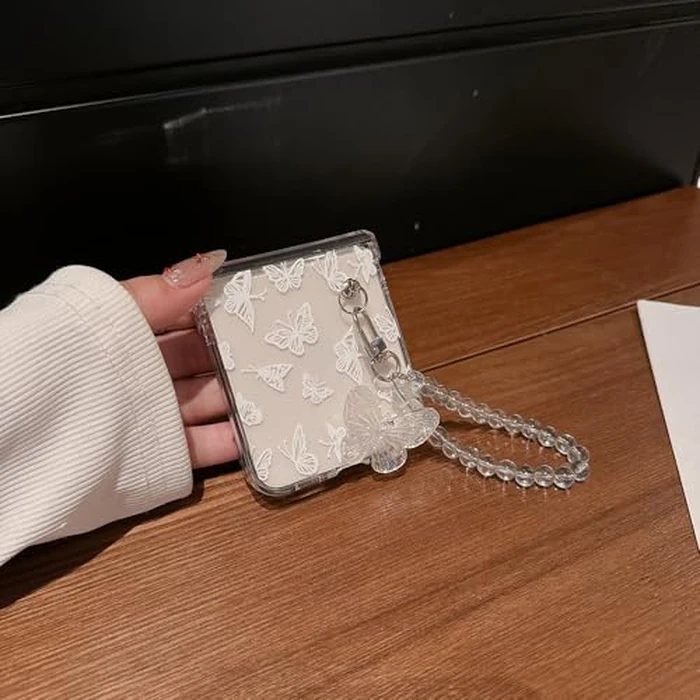 Omio for Galaxy Z Flip 7 Case with Strap Bracelet Cute Butterfly Case for Girls Women Hand Chain Lanyard Slim Hinge Protection Design Clear Shockproof Hard PC Cover for Galaxy Z Flip 7 White by Omio - Image 2