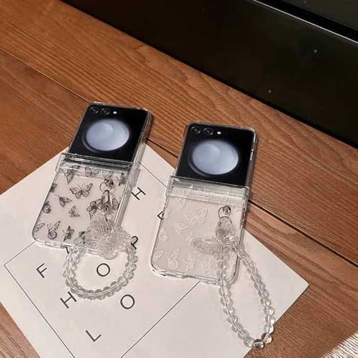 Omio for Galaxy Z Flip 7 Case with Strap Bracelet Cute Butterfly Case for Girls Women Hand Chain Lanyard Slim Hinge Protection Design Clear Shockproof Hard PC Cover for Galaxy Z Flip 7 White by Omio - Image 6