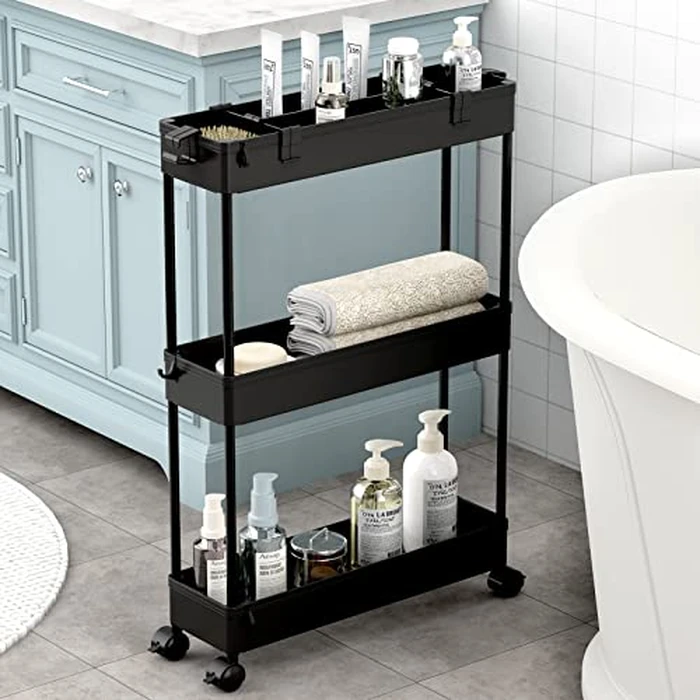 SPACELEAD Slim Storage Cart,3 Tier Bathroom Rolling Utility Cart Storage Organizer Slide Out Cart, Mobile Shelving Unit Organizer Trolley for Office Bathroom Kitchen Laundry Room Narrow Places, Black by SPACELEAD - Used - Good condition - CA$23.39