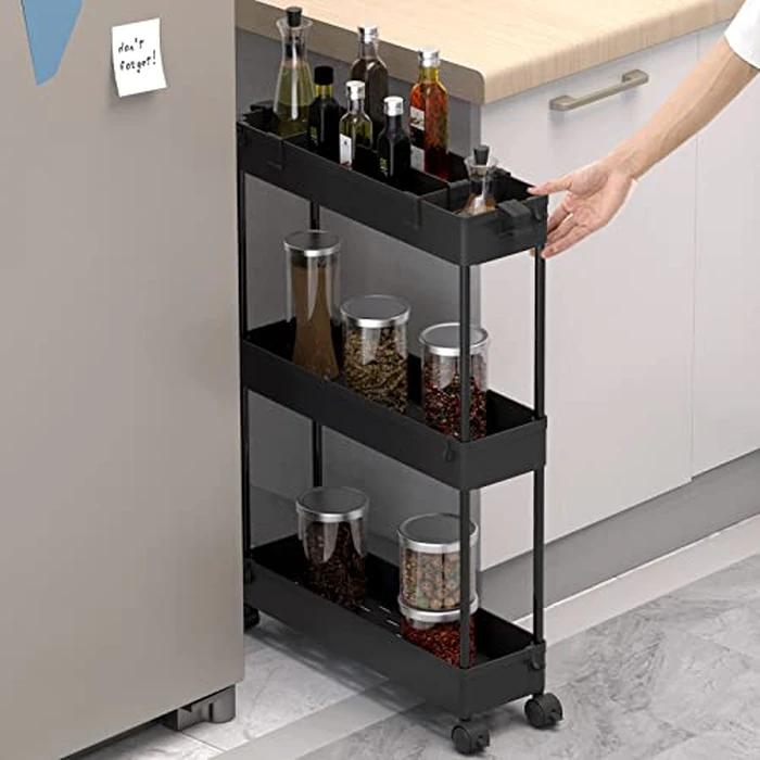 SPACELEAD Slim Storage Cart,3 Tier Bathroom Rolling Utility Cart Storage Organizer Slide Out Cart, Mobile Shelving Unit Organizer Trolley for Office Bathroom Kitchen Laundry Room Narrow Places, Black by SPACELEAD - Image 2