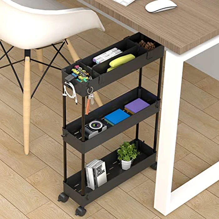 SPACELEAD Slim Storage Cart,3 Tier Bathroom Rolling Utility Cart Storage Organizer Slide Out Cart, Mobile Shelving Unit Organizer Trolley for Office Bathroom Kitchen Laundry Room Narrow Places, Black by SPACELEAD - Image 3