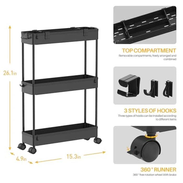 SPACELEAD Slim Storage Cart,3 Tier Bathroom Rolling Utility Cart Storage Organizer Slide Out Cart, Mobile Shelving Unit Organizer Trolley for Office Bathroom Kitchen Laundry Room Narrow Places, Black by SPACELEAD - Image 4