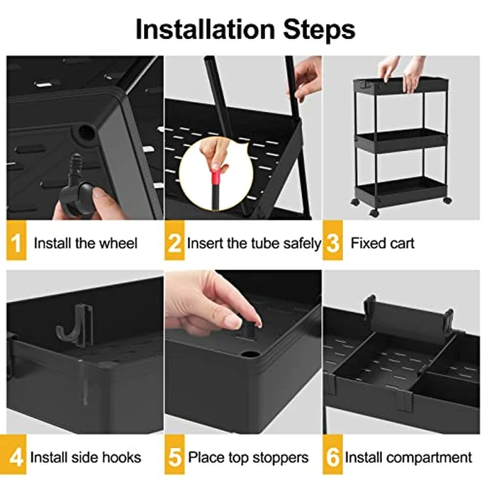 SPACELEAD Slim Storage Cart,3 Tier Bathroom Rolling Utility Cart Storage Organizer Slide Out Cart, Mobile Shelving Unit Organizer Trolley for Office Bathroom Kitchen Laundry Room Narrow Places, Black by SPACELEAD - Image 5
