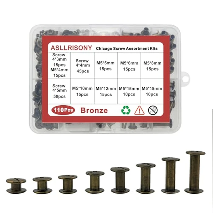 ASLLRISONY 110 Sets Bronze Chicago Screws Assorted Kit, 8 Sizes of Round Flat Head Leather Rivets Metal Screw, Used for Leather Crafts, Clothing, Shoes, Belts, Bags and Custom-Made Items by ASLLRISONY - Used - Like New condition