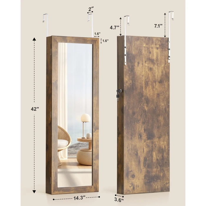 Nicetree 6 LEDs Mirror Jewelry Cabinet with 3 Improvements, 4.2" D Door/Wall Mounted Jewelry Armoire with Full Length Mirror, Larger Capacity, Rustic Brown by Nicetree - Image 5