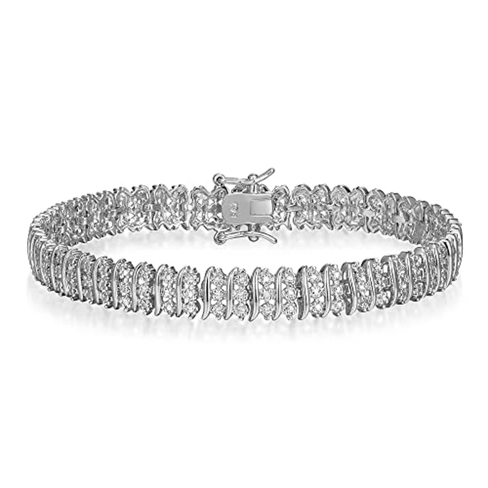 Amazon Essentials Fine Silver Over Silver Tone S Shape Link Triple Row 0.005 cttw Diamond Accent Tennis Bracelet, 7.25" (previously Amazon Collection) by Amazon Essentials - Used - Like New condition