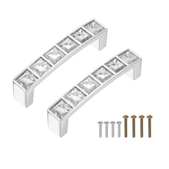 uxcell U Shape Crystal Glass Drawer Cabinet Pulls, Alloy Drawer Handle Pulls for Kitchen Cupboard Dresser Drawer Decor, Silver (2.5 Inch Hole Centers, 2 Pack) by uxcell - Used - Like New condition