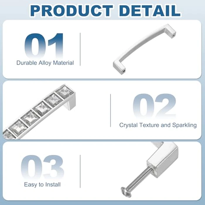 uxcell U Shape Crystal Glass Drawer Cabinet Pulls, Alloy Drawer Handle Pulls for Kitchen Cupboard Dresser Drawer Decor, Silver (2.5 Inch Hole Centers, 2 Pack) by uxcell - Image 3