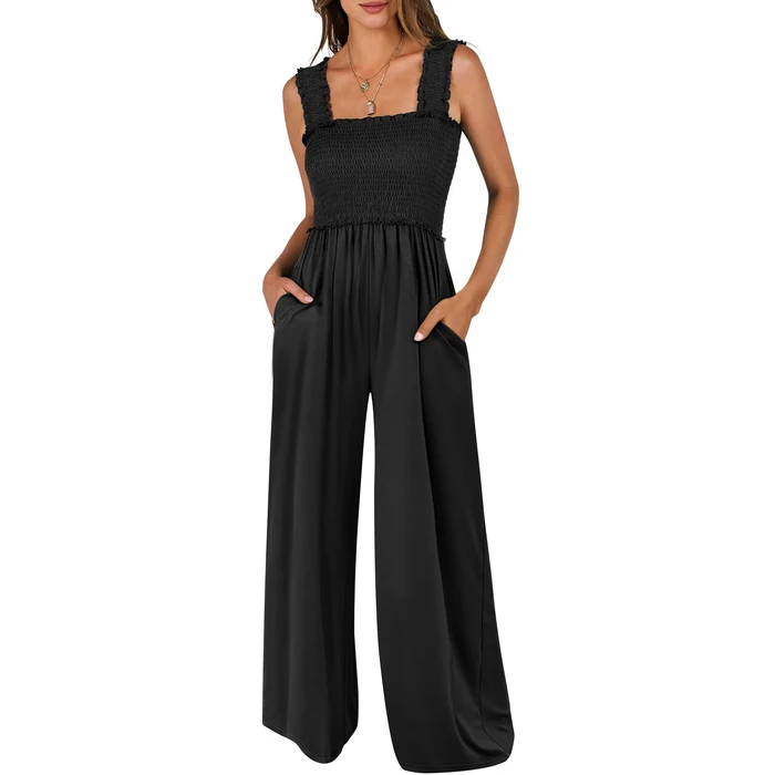 ANRABESS Jumpsuits for Women Dressy Casual Smocked Sleeveless Wide Leg Longe Rompers One Piece 2026 Summer Vacation Outfits Black L by ANRABESS - Image 1