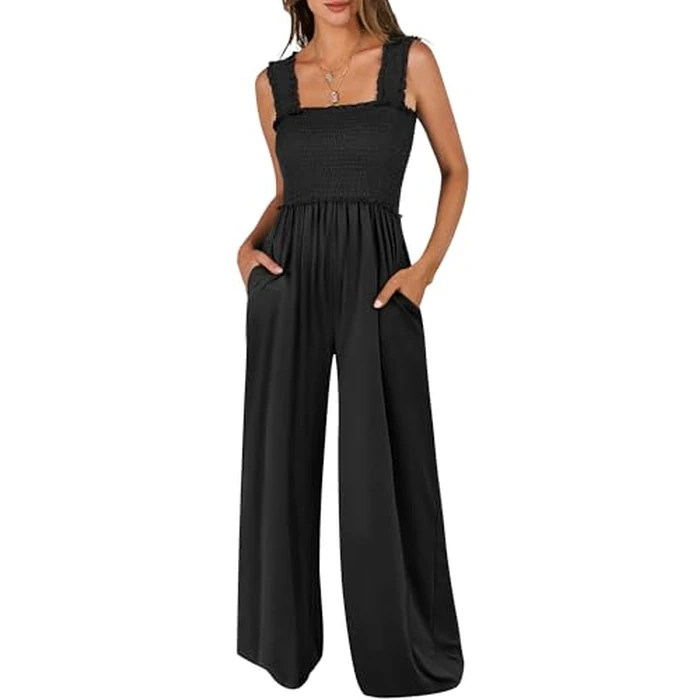 ANRABESS Jumpsuits for Women Dressy Casual Smocked Sleeveless Wide Leg Longe Rompers One Piece 2026 Summer Vacation Outfits Black L by ANRABESS - Image 2