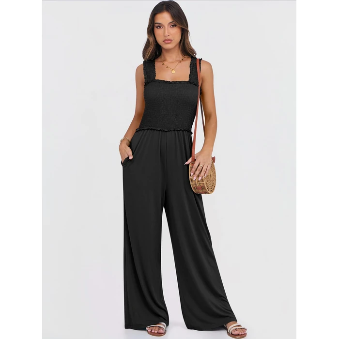 ANRABESS Jumpsuits for Women Dressy Casual Smocked Sleeveless Wide Leg Longe Rompers One Piece 2026 Summer Vacation Outfits Black L by ANRABESS - Image 4
