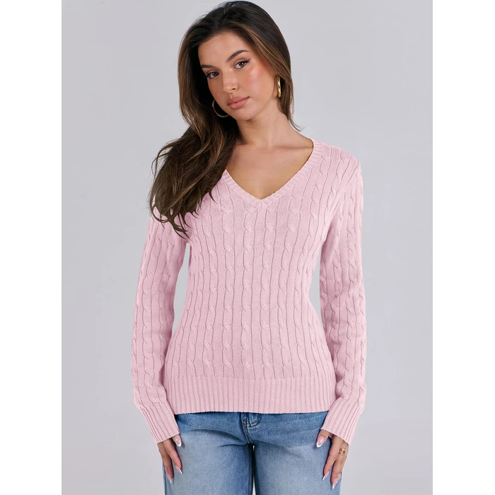 ANRABESS Womens Long Sleeve Cable Knit Sweater 2025 Fall Fashion V Neck Fitted Pullover Top Business Casual Work Fall Outfits Pink Small by ANRABESS - Image 3