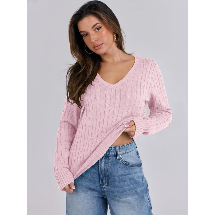 ANRABESS Womens Long Sleeve Cable Knit Sweater 2025 Fall Fashion V Neck Fitted Pullover Top Business Casual Work Fall Outfits Pink Small by ANRABESS - Image 4