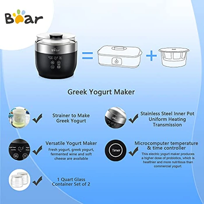 Bear Yogurt Maker, Greek Yogurt Maker Machine with Strainer and Timer Control, Stainless Steel Inner Pot, Automatic Digital with 2 Glass Jars 1 Quart for Home Organic Yogurt, Cheese, Fruit Wine by Bar - Image 4