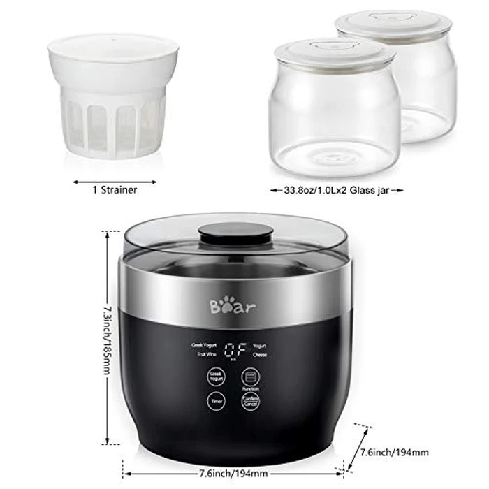Bear Yogurt Maker, Greek Yogurt Maker Machine with Strainer and Timer Control, Stainless Steel Inner Pot, Automatic Digital with 2 Glass Jars 1 Quart for Home Organic Yogurt, Cheese, Fruit Wine by Bar - Image 8