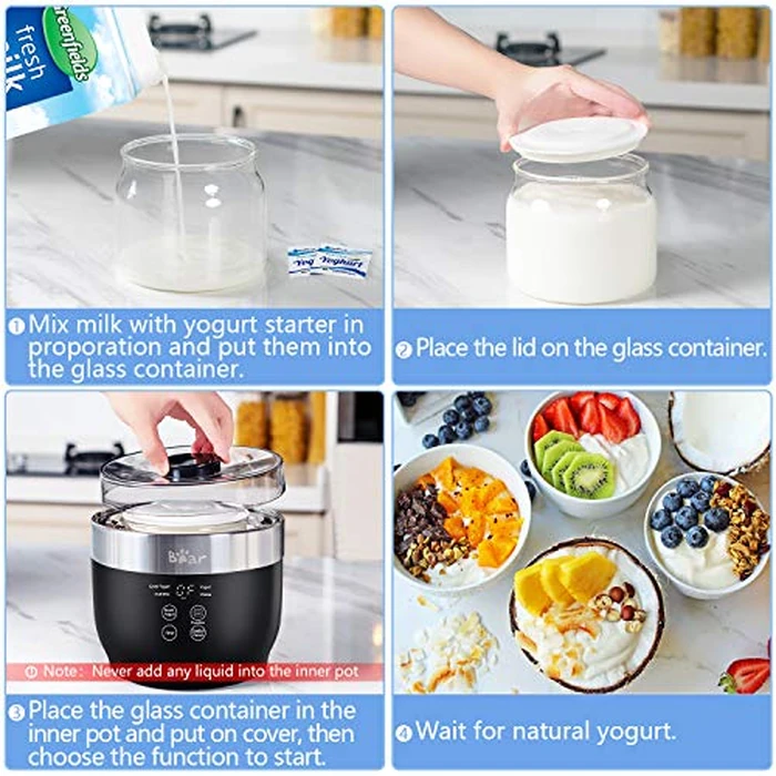 Bear Yogurt Maker, Greek Yogurt Maker Machine with Strainer and Timer Control, Stainless Steel Inner Pot, Automatic Digital with 2 Glass Jars 1 Quart for Home Organic Yogurt, Cheese, Fruit Wine by Bar - Image 9