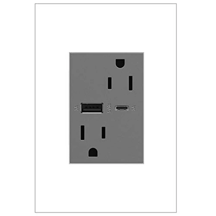 adorne Dual-USB, 15A, Ultra-Fast Charge, 6 Amp, Type A/C, USB, Hybrid Outlet, Magnesium, ARTRUSB156ACM4 by adorne - Used - Acceptable condition