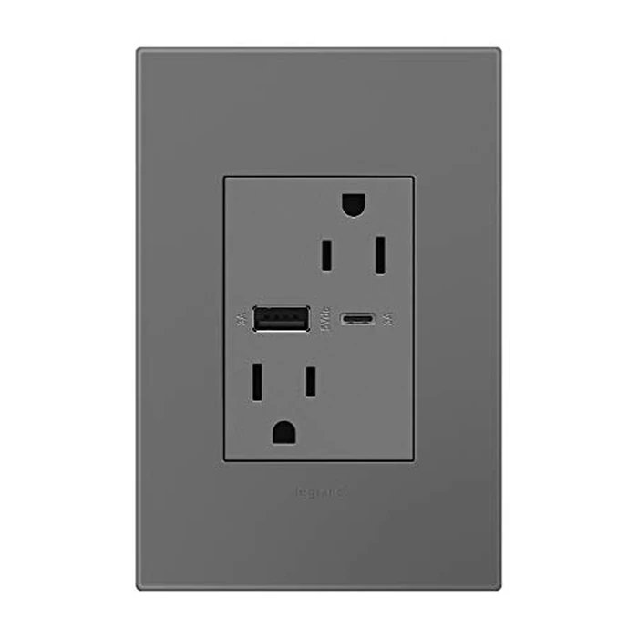 adorne Dual-USB, 15A, Ultra-Fast Charge, 6 Amp, Type A/C, USB, Hybrid Outlet, Magnesium, ARTRUSB156ACM4 by adorne - Image 2