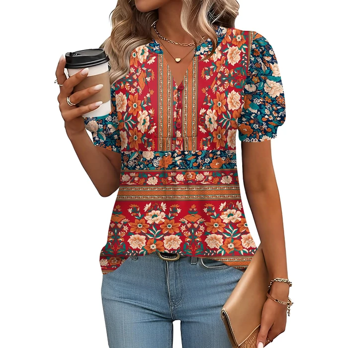 IECCP Womens Shirts Dressy Casual V-Neck Boho Tops Pleated Puff Sleeve Dressy Spring Blouses Womens Fashion 2025 (Red Blue Print,XXL) by IECCP - Used - Like New condition - US$18.99