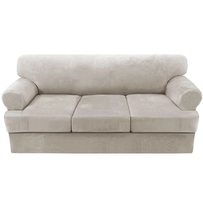 H.VERSAILTEX Sofa Cover 4 Piece T Cushion Sofa Slipcovers Thick Velvet Couch Cover Stretch T Cushion Sofa Covers for 3 Cushion Couch with 3 Individual T Cushion Covers Washable, Oatmeal by H.VERSAILTEX - Image 1